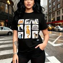 Camiseta de mujer con estampado de nueve gatitos adorables en pose variada y colorida - camiseta casual de manga corta, ajuste cómodo y fresco, estilo urbano y divertido - ideal para paseos por la ciudad, salidas casuales y regalo perfecto para mamá, - Negro - Ver 7