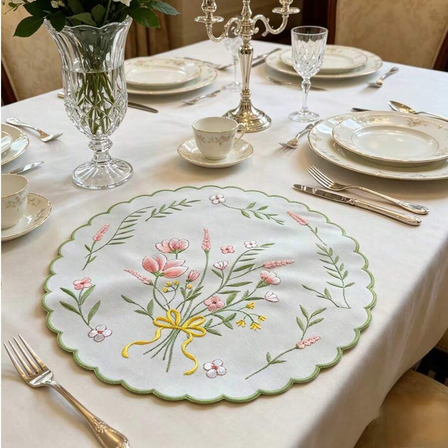 Seasonal Multi-Color Wavy Edge Round Floral Embroidered Placemat, Coaster, Napkin For Home Gatherings, Dining Table, Coffee Table Decor - Beige - View 1