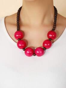 2026 European And American Fashion Short Wooden Bead Necklace Personalized Multicolor Necklace Bohemian Style - Hot Pink - View 10