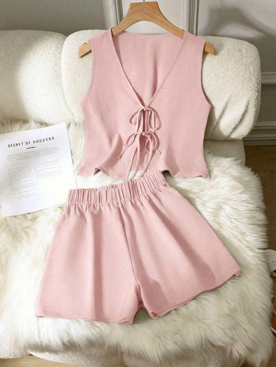 Set de 2 piezas de conjunto informal de mujer de unicolor con nudo, elegante para primavera/verano - Rosa Pálido - Ver 1