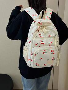 3pcs/Set White Nylon Casual Fresh Strawberry, Bow, Cherry Print Jacquard Drawstring Zipper Large Capacity Foldable Multi-Pocket Backpack Set, Suitable For Women Daily Matching, College Students, Training, School, Shopping, Travel - White - View 4
