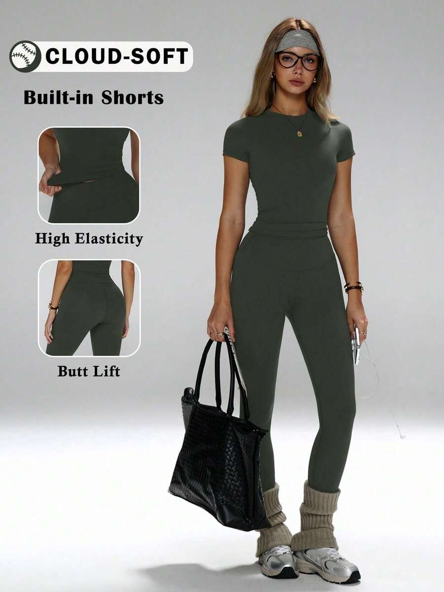 Conjunto de yoga para mujer, pantalones deportivos de cintura alta, conjunto deportivo moldeador de 2 piezas, conjunto de yoga que afina la cintura, camiseta de cuello redondo ajustada combinada con pantalones de yoga de cintura alta, conjunto esencia - Verde militar - Ver 1