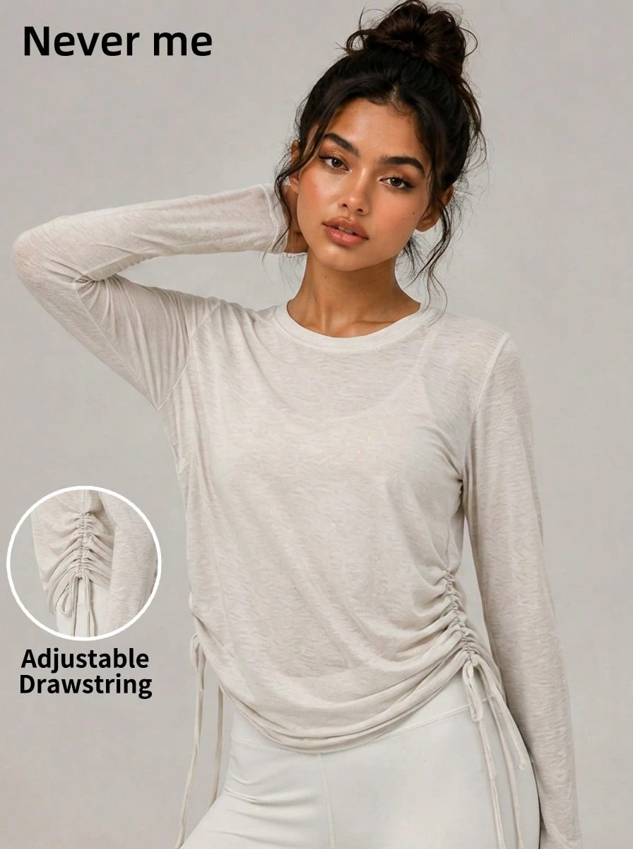 Never me Women's Drawstring Loose Fit Workout Pullover Shirt, Comfortable For Daily Running, Pilates, Yoga, Solid Color Semi-Sheer Long Sleeve Top - Apricot - View 1