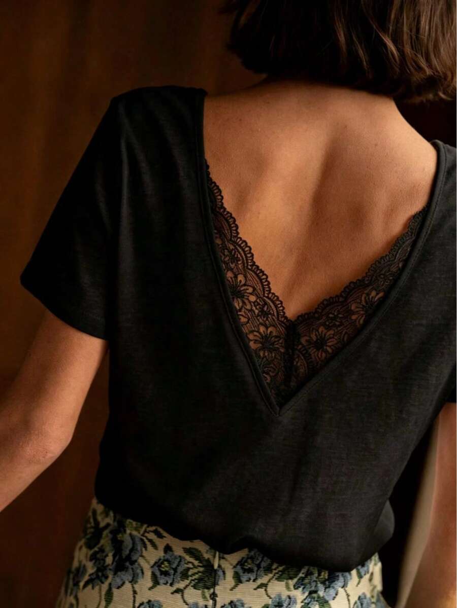 女款夏季休閒純色對比蕾絲短袖上衣 黑色 - 黑色 - 查看 1
