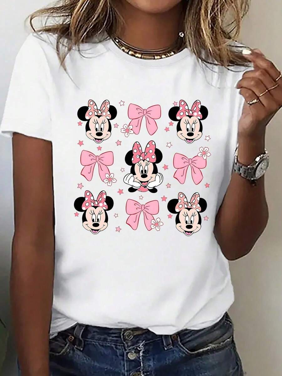 T-shirt à col rond à manches courtes pour femmes, imprimé avec la tête de Minnie Mouse mignonne de Disney et un nœud papillon rose. Fabriqué en coton, convient pour les festivals d'été et de printemps, les cadeaux de festival, les tenues de fête, les vêtements pour femmes. - Blanc - Voir 1