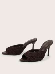 Mules de tacón alto fino tipo slip-on para mujer, color café marrón, punta cuadrada, ganchillo, punta abierta, estilo de Oriente Medio, zapatos de verano - Café integral - Ver 3