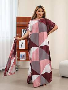 1 pieza Conjunto de bata de seda con estampado geométrico, Cubre-todo de playa para mujer con pañuelo de satén, Conjunto casual de playa - Multicolor - Ver 1