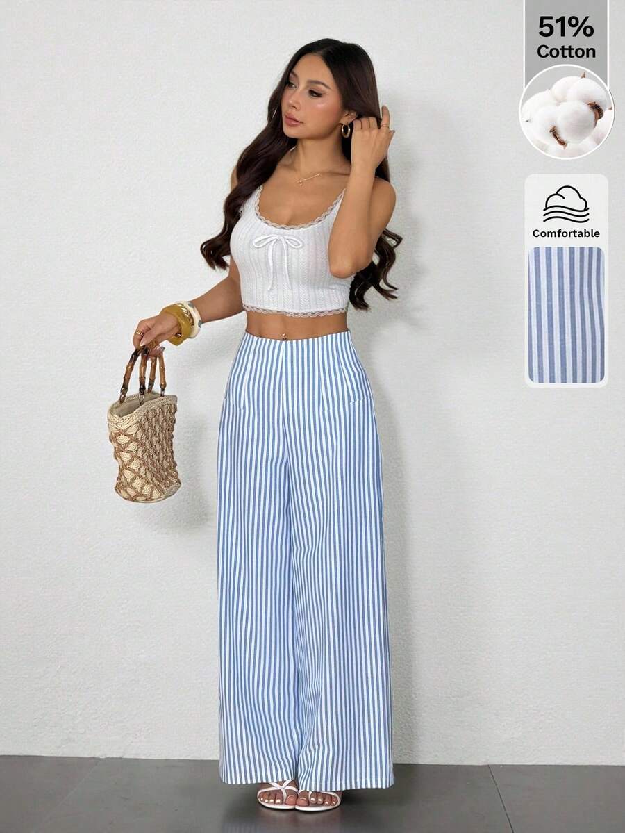 Pantalones de pierna ancha de textura de cintura alta, de estilo casual y sencillo, apropiados para ir a la escuela o para ir y venir al trabajo - Azul - Ver 1