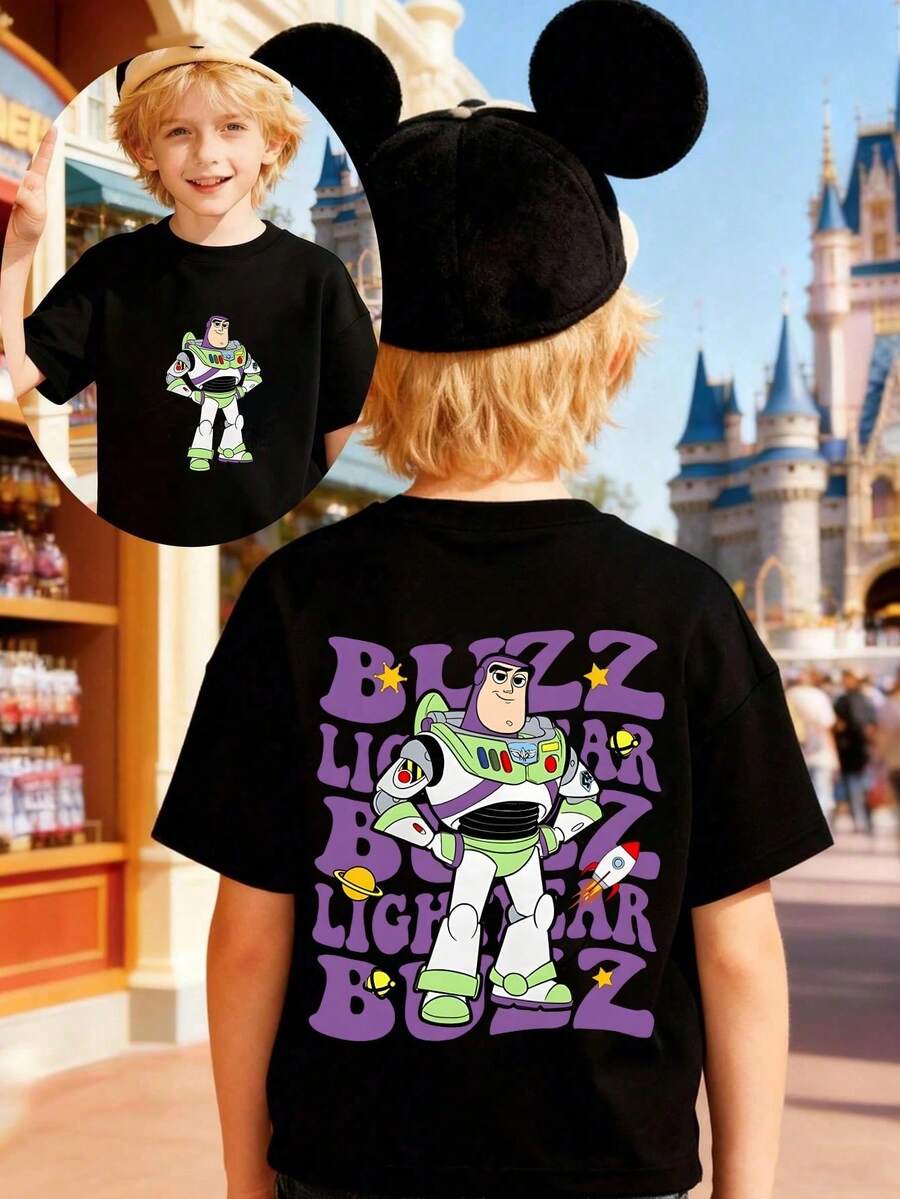Disney Kids Unisex T-Shirt 2-14 Years, Buzz Lightyear Front & Back Character Print Tee, Soft Casual Top For Boys Girls, Disney Holiday Outfit, Express Delivery - 黑色 - 查看 1