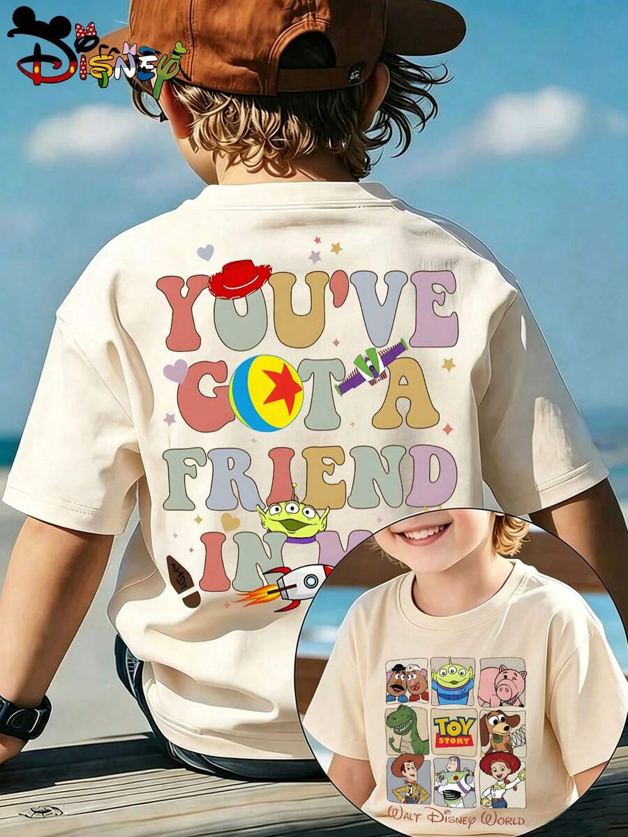 Disney Toy Story Children's T-Shirt Color Letter Nine Grid Cartoon Front And Back Printed Men's And Women's Rice Apricot Short Sleeved Top, Machine Washed And Not Easy To Deform, Comfortable And Stylish To Wear, Perfect For Creating Personalized Styles In Summer - Apricot - View 1