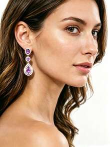 1 Pair Fashionable Cubic Zirconia Teardrop Earrings, Suitable For Women's Daily, Party, Holiday, Wedding Wear - Silver - View 3