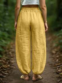 Autumn Vintage Lantern Patch Pocket Loose Casual Drawstring Cuffed Pants For School Yellow - Yellow - View 2