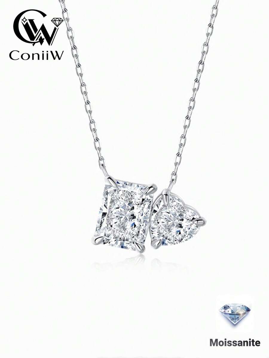 ConiiW 这款 925 纯银长方形心形吊坠项链，镶嵌 1.5 克拉莫桑石，是婚礼、宴会、派对、母亲节、情人节、感恩节、圣诞节、万圣节、生日和周年纪念日的完美礼物。