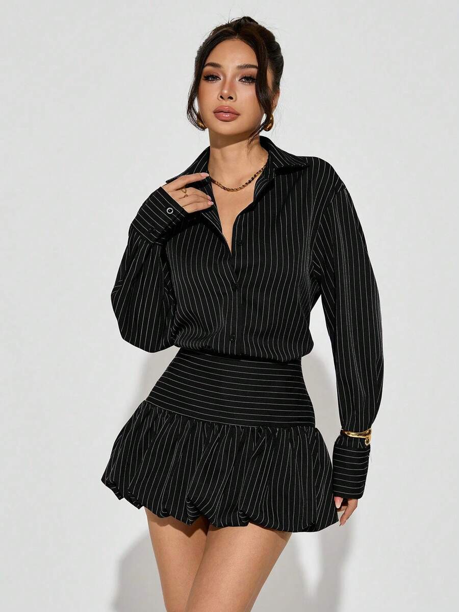 PETITE Conjunto casual para mujer, atuendos de otoño para mujer, falda de burbujas marrón y blusas, rayas marrones - Negro - Ver 1