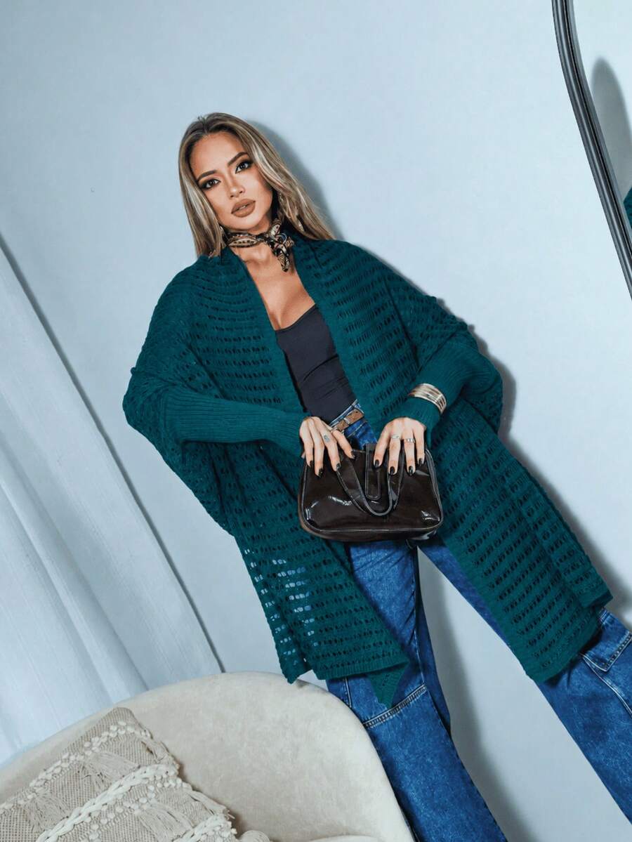 Women's Long-Sleeved Open Knit Poncho Kimono - Elegant New Release - Winter Fashion - RS Knitwear - 埃森格林 - 查看 1