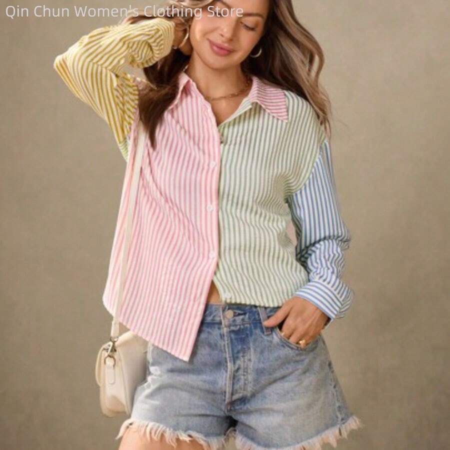 WNS Blusa estilo BOHO de otoño con estampado campestre en rosa, amarillo mantequilla y azul, camisa casual con botones para mujer, blusa a rayas para mujer para uso diario con contraste de rayas, camisa de manga larga con cremallera, tops con estilo preppy, blusa casual a rayas para negocios, ropa western para mujer, camisa a rayas, moda de vuelta al colegio, blusas abotonadas casuales para mujer en Navidad - Rosa - Ver 1