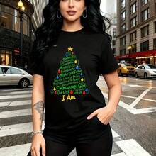 Camiseta de mujer con estampado navideño de árbol de luces y frases religiosas "O Come All Ye Faithful" - camiseta casual de manga corta, ajuste cómodo y estilo urbano moderno - ideal para celebrar la Navidad en familia, regalo perfecto para mamá, es - Negro - Ver 7