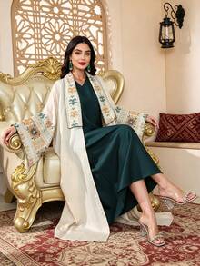2026新款阿拉伯女式杏色重工刺繡優雅洋裝，JALABIYA 2件式開襟罩衫，夏季休閒旅行穿搭 - 杏色 - 查看 10