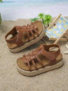 1 Pair Summer Kids Sandals, Fashion Solid Color Minimalist Hook & Loop Casual Vacation Party Beach Non-Slip Comfortable Outdoor Thick Sole Rope Open Toe Flat Sandals - Brown - View 5