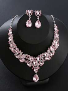 Bộ 1 dây chuyền và bông tai thời trang phong cách phóng khoáng đính pha lê, kim loại đính đá rhinestone toàn bộ, phù hợp làm phụ kiện cho váy cưới cô dâu và đầm dạ hội - trắng - Xem 7