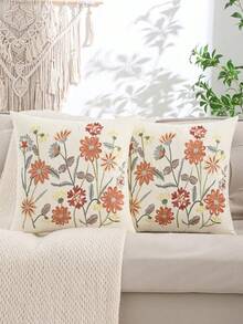Miater 1個/2個美式鄉村風花卉刺繡抱枕套，不含內芯，米色帆布靠墊套，客廳臥室裝飾枕 - 橘色 - 查看 15