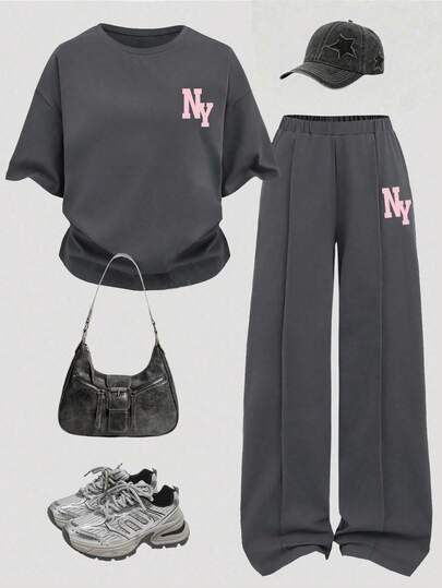 Teen Girl Letter Print Short Sleeve T-Shirt And Wide Leg Pants Casual Suit