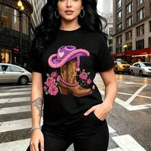 Camiseta de mujer con estampado de bota vaquera colorida con flecos rosas y morados, sombrero de vaquera rosa con hebella en forma de corazón y rosas vibrantes - camiseta casual de manga corta, ajuste cómodo y estilo urbano mexicano - ideal para el D - Negro - Ver 9