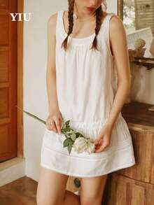 Women's Simple Solid Color Ruffle Hem Sleeveless Mini Dress, Summer - White - View 3