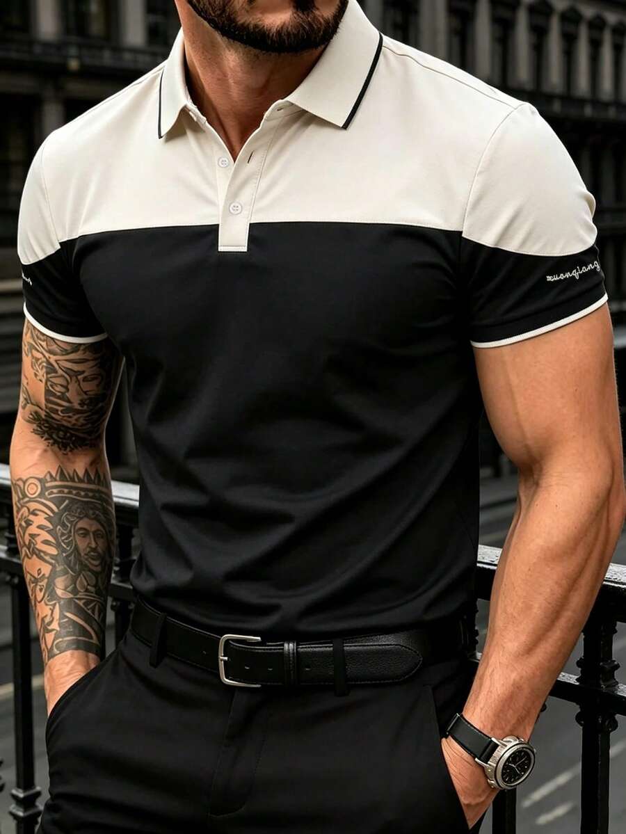 1pc Men's Summer Colorblock Patchwork Short Sleeve POLO Shirt With Embroidery, Suitable For Daily Casual, Golf, Business Commute - Black - View 1