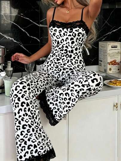 2 pièces Ensemble de pyjama femme sexy avec débardeur et pantalon imprimé léopard