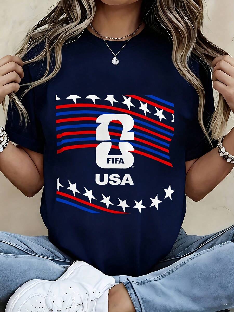 [Official FIFA World Cup Licensed]USA Flag Inspired Patriotic T-Shirt For Women Men - Black Cotton Crew Neck Tee With US FIFA Logo, Red Blue White Stars Stripes Design, Soft Breathable Summer Casual Top - Perfect Gift For Soccer Fans, Independence Day, National Events - Navy Blue - View 1