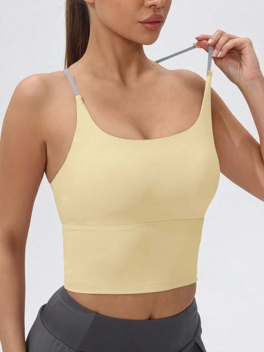 Women's Athletic T-Shirt With Fixed Padding, Color Contrast, Elastic, Summer Yoga Top - 陽光黃 - 查看 1