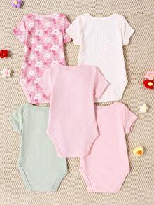 DILAVEL 5件組夏季新款短袖嬰兒套裝，女童連身爬服，三角時尚可愛字母與花卉圖案，公主風戶外穿搭 - 彩色 - 查看 3