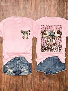 Western Tops Women, Turquoise Bow-Knot Print Round Neck Short Sleeve Top, Gift For Mom, Western Cowgirl Style, Country Outfit, Summer Cowboy Tee, Free Shipping - 粉色 - 查看 4