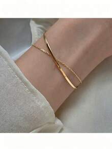 1 buah Gelang Rantai Dua Lapis Minimalis Mewah Desain Niche (Pengait Acak) - Emas - View 1