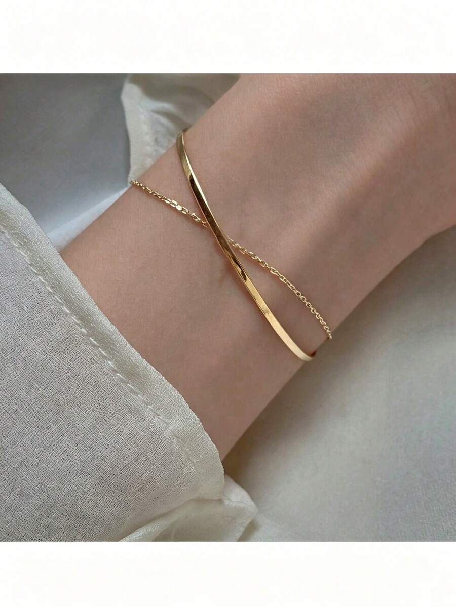 1 buah Gelang Rantai Dua Lapis Minimalis Mewah Desain Niche (Pengait Acak) - Emas - View 1