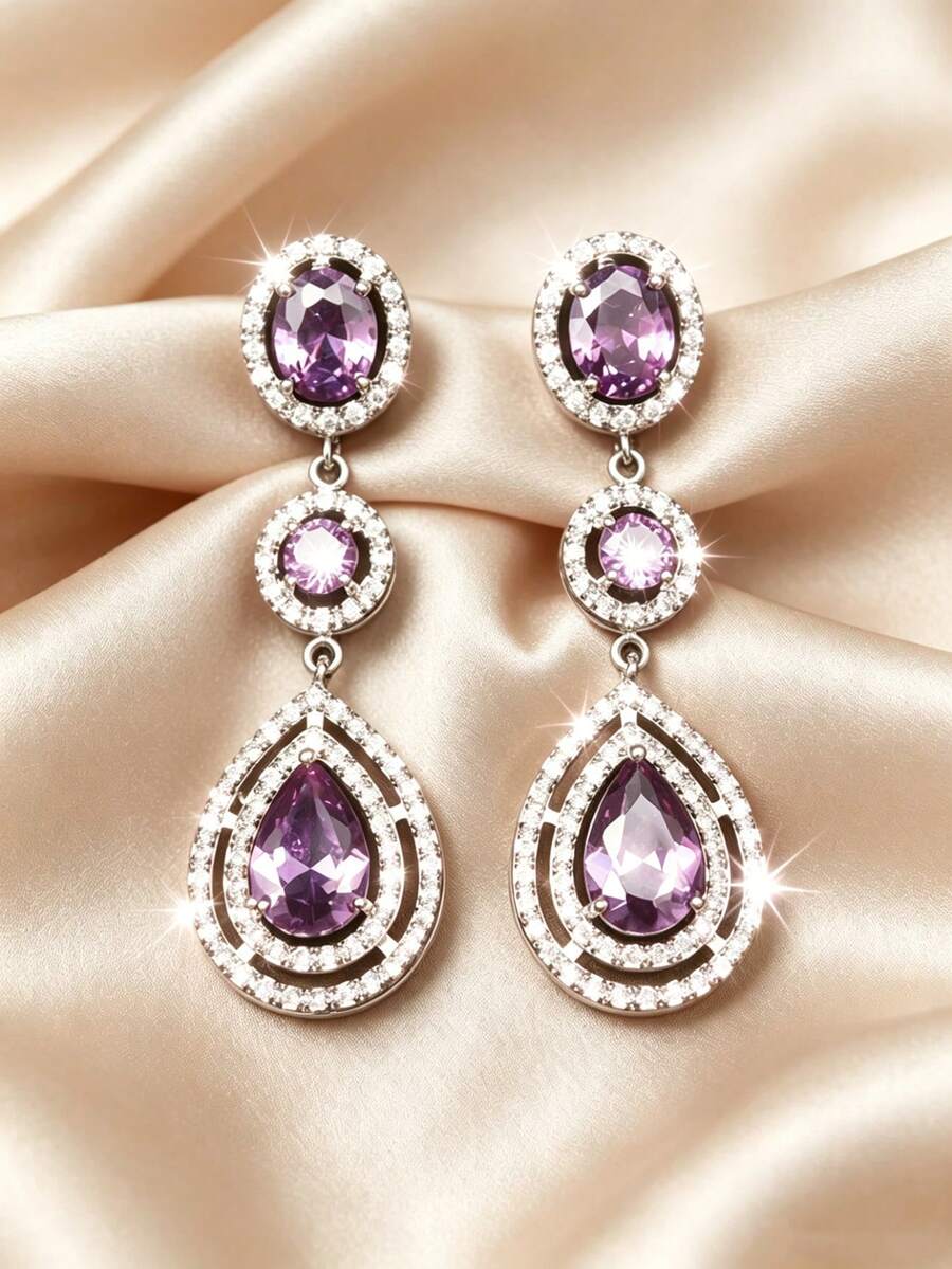 1 Pair Fashionable Cubic Zirconia Teardrop Earrings, Suitable For Women's Daily, Party, Holiday, Wedding Wear - Silver - View 1