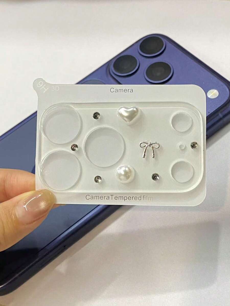 Compatible con Apple 17 Pro Max Protector de lente transparente integrado de alta definición de lujo con diamantes de imitación, corazón asimétrico de perlas hecho a mano, anti-caída y anti-arañazos - Corazón de Perla - Ver 1