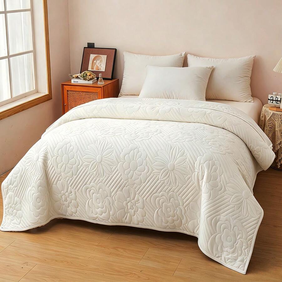 1 pieza Manta acolchada y refrescante, con estampado floral grande de unicolor, de estilo contemporáneo, transpirable y ligera para el verano, lavable a máquina, adecuada para la oficina, el dormitorio y talla grande - Blanco - Ver 1