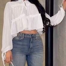 WNS Camisa elegante y casual para mujer, diseño asimétrico, manga farol con lazo en el cuello, tela tejida de unicolor con bajo plisado, elegante para uso diario, citas, vacaciones, primavera/verano en color blanco - Marrón - Ver 5