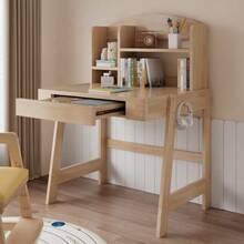 Children's Table, Children's Desk In Solid Wood, Height Adjustable, Natural Color, With Drawer, Storage Space And Hooks, Certified To Comply With Safety Standards, For Children From 6 Years Old. - 自然色 - 查看 3
