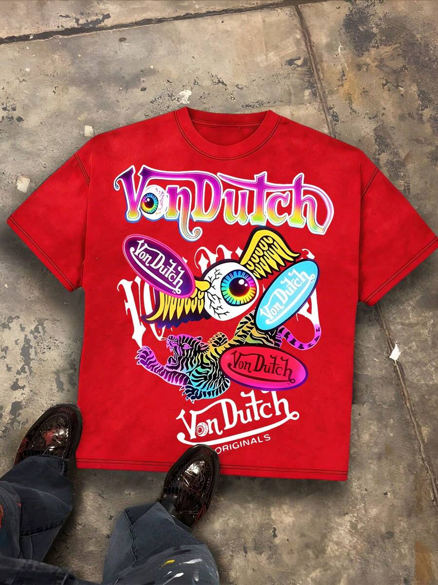 Von O Dutch Classic Sci-Fi Style Tops - Oversized Old Printed Washed T-Shirt. Men's 100% Cotton, Loose Fitting, Y2K Street Retro Casual Urban Aesthetics, 100% Cotton Pullover. Gifts Men Clothes Men Shirts Graphic Teens Men Vintage T Shirts Graphic Tees Tanktop - Đỏ - Xem 1