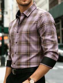 Men's Business Casual Plaid Long Sleeve Shirt - Multicolor - View 3