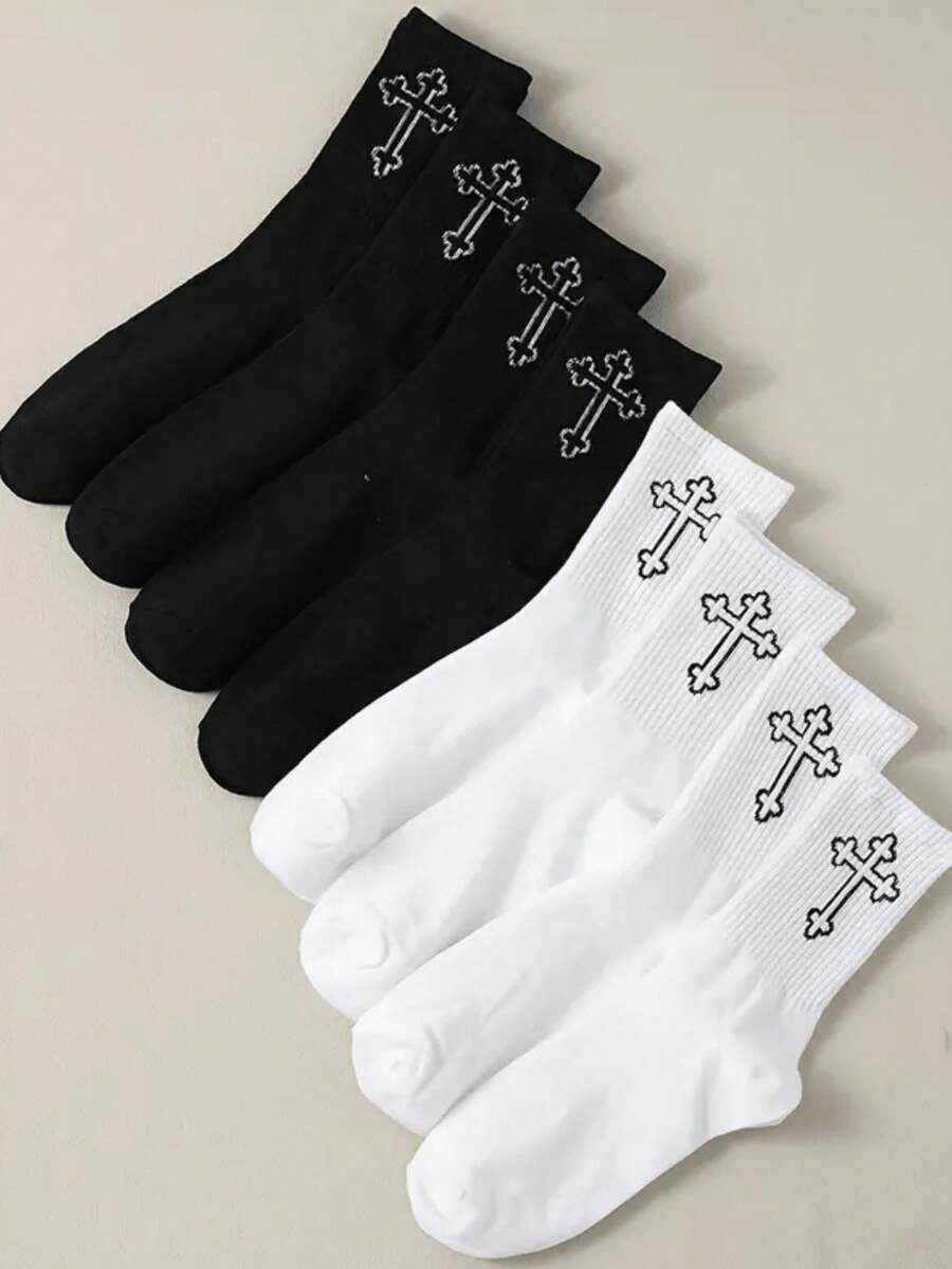 10 Pairs Unisex Black & White Minimalist Cross Pattern Mid-Calf Socks, Solid Color Versatile, Minimalist Daily Wear, Suitable For Everyday Use - Multicolor - View 1