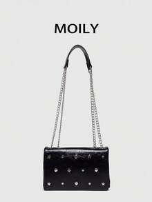 Bolso de hombro elegante de dama con 14 remaches, con elementos de estilo europeo versátil, bolso cruzado negro expandible de doble capa, bolso cuadrado pequeño de moda, adecuado para uso diario, citas, compras, fiestas de noche y diversas ocasiones. También es una excelente opción de regalo para días festivos. - Negro - Ver 7