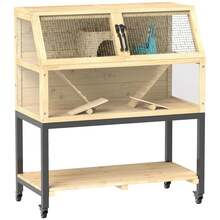 EGBHDSFT Zwerghamsterkäfig aus Holz, 87 x 43 x 101 cm Nagerkäfig mit Ablagefläche, Wasserflasche, Hütte, Wippen, Kleintierkäfig mit Rädern, Rampen, Naturholz - Noir - Voir 2