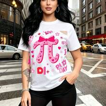Camiseta de mujer con estampado festivo del Día de Pi (π) en rosa y blanco, símbolo matemático decorado con corazones, estrellas y notas musicales - diseño gráfico atrevido para celebrar la matemática, ajuste casual cómodo y estilo urbano chic - idea - Blanco - Ver 7
