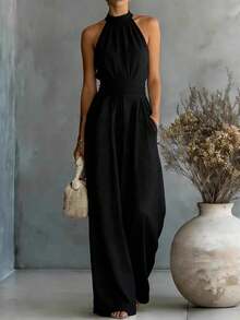 New Hit Jumpsuit For Women, Sleeveless, Halter Style, Loose And Wide Leg Cut, Fitted Waist, Flattering Design, Elegant, Perfect For Daytime Looks, Walks And Casual Occasions - 黑色 - 查看 2