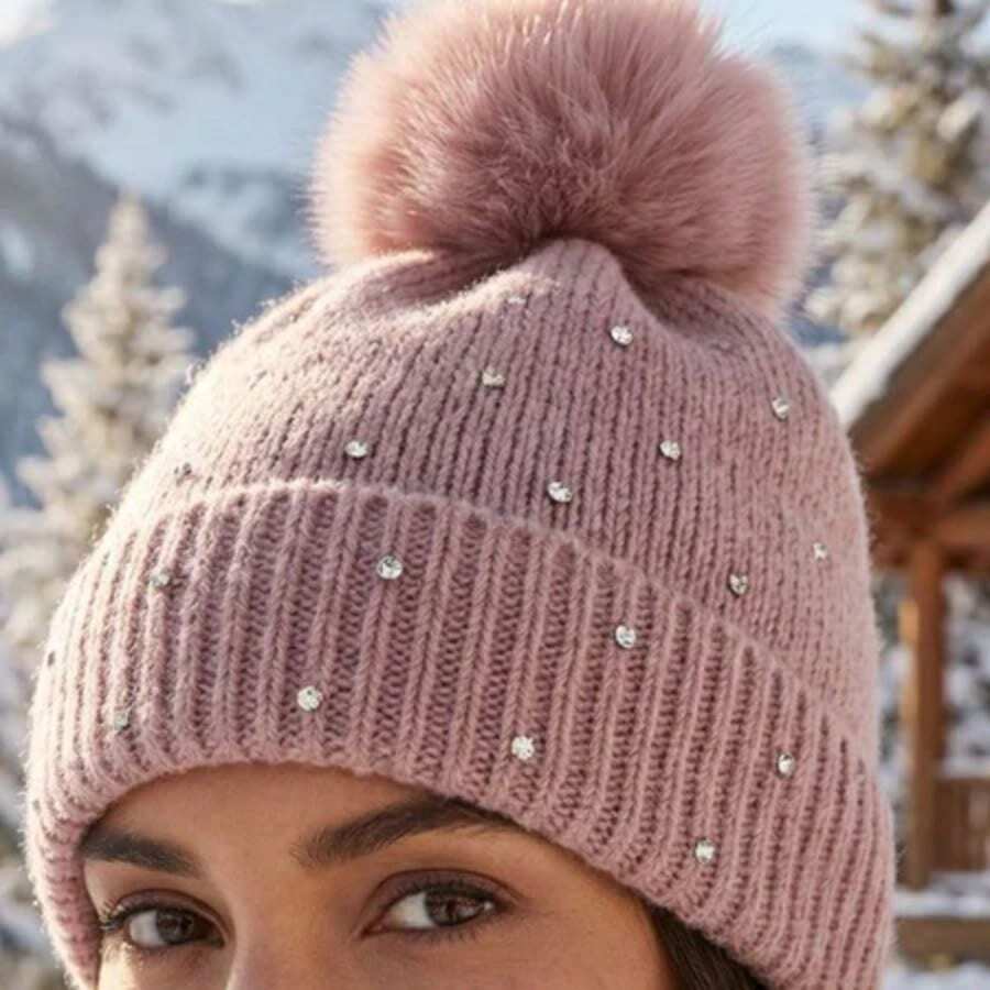 Women's Winter Thermal Hat With Glitter, Hypoallergenic, Lined With A Cute And Stylish Pom-Pom, Warm And Stylish. - MYA-41 rosa c/ pedrinhas - 查看 1