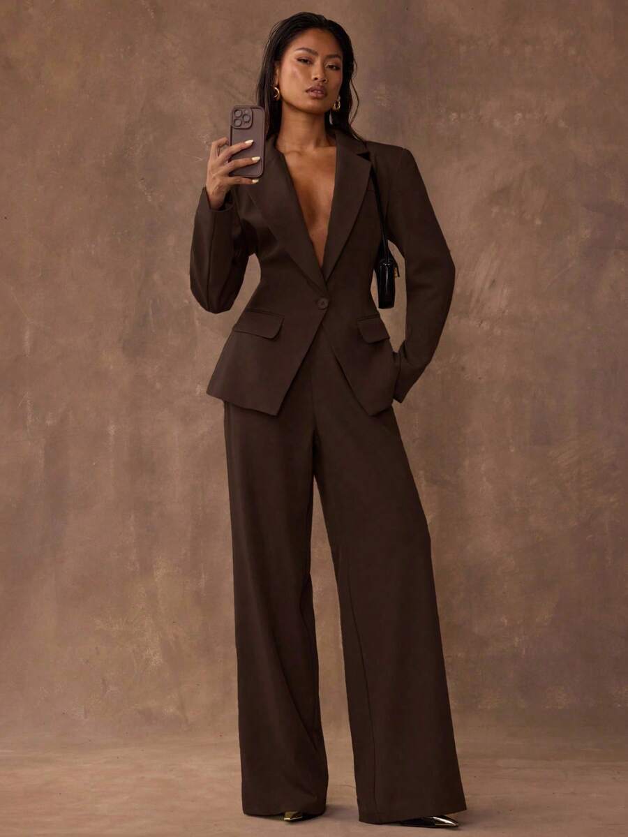 Conjunto de chaqueta y pantalones de unicolor con cintura ceñida para mujer - Marrón - Ver 1